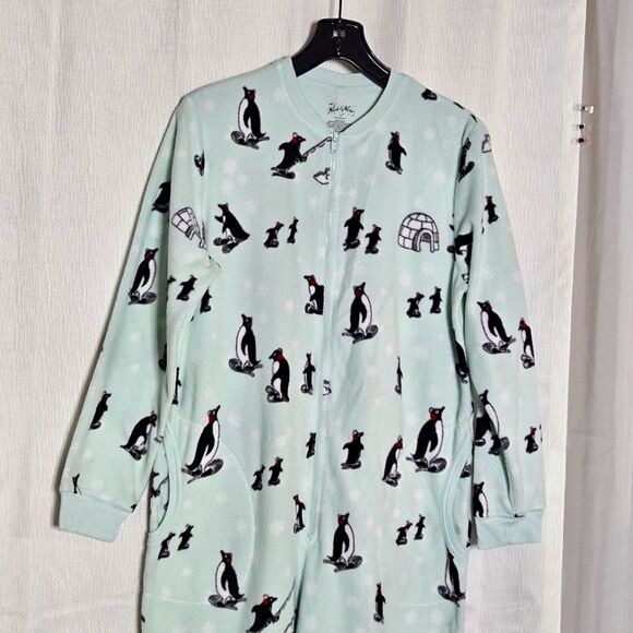 Nick & Nora Mint Green Polka-dots & Winter Penguins One Piece Zip Front Pajamas - Picture 2 of 15